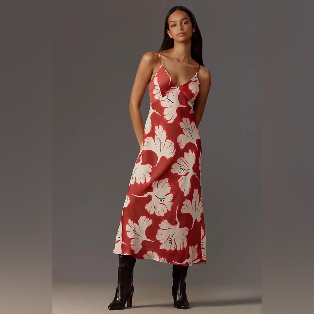 By Anthropologie V Neck Red Floral Slip Dress